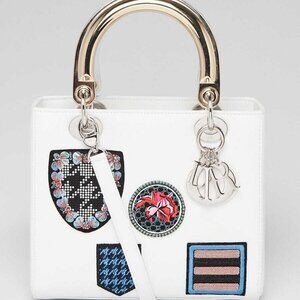 Christian Dior White Leather Embroidered Medium Lady Dior Bag